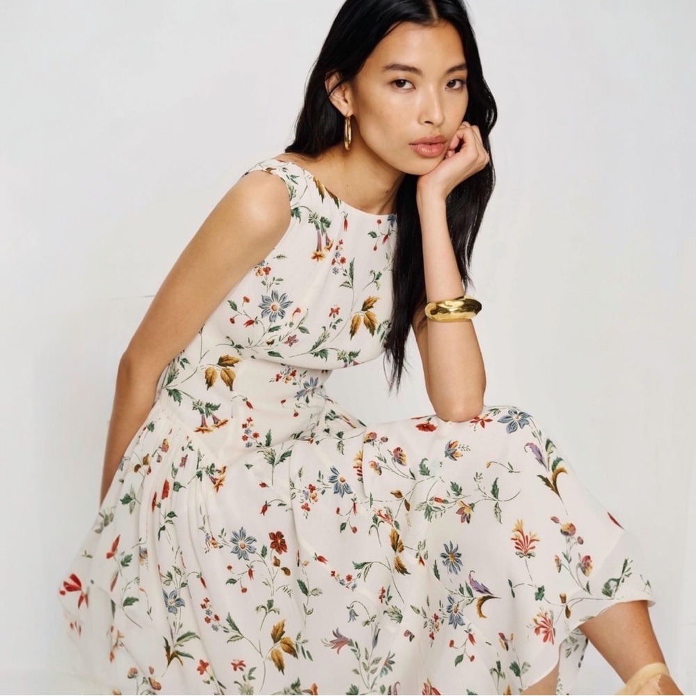 Reformation Anelis Boat Neck Drop Waist Floral Sleeveless Cocktail Midi Dress - Picture 8 of 16
